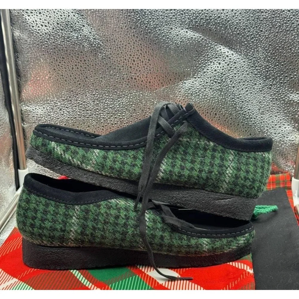 Clarks Originals Wallabee Shoes Mens 10 Green Wool Houndstooth‎ Plaid Tweed